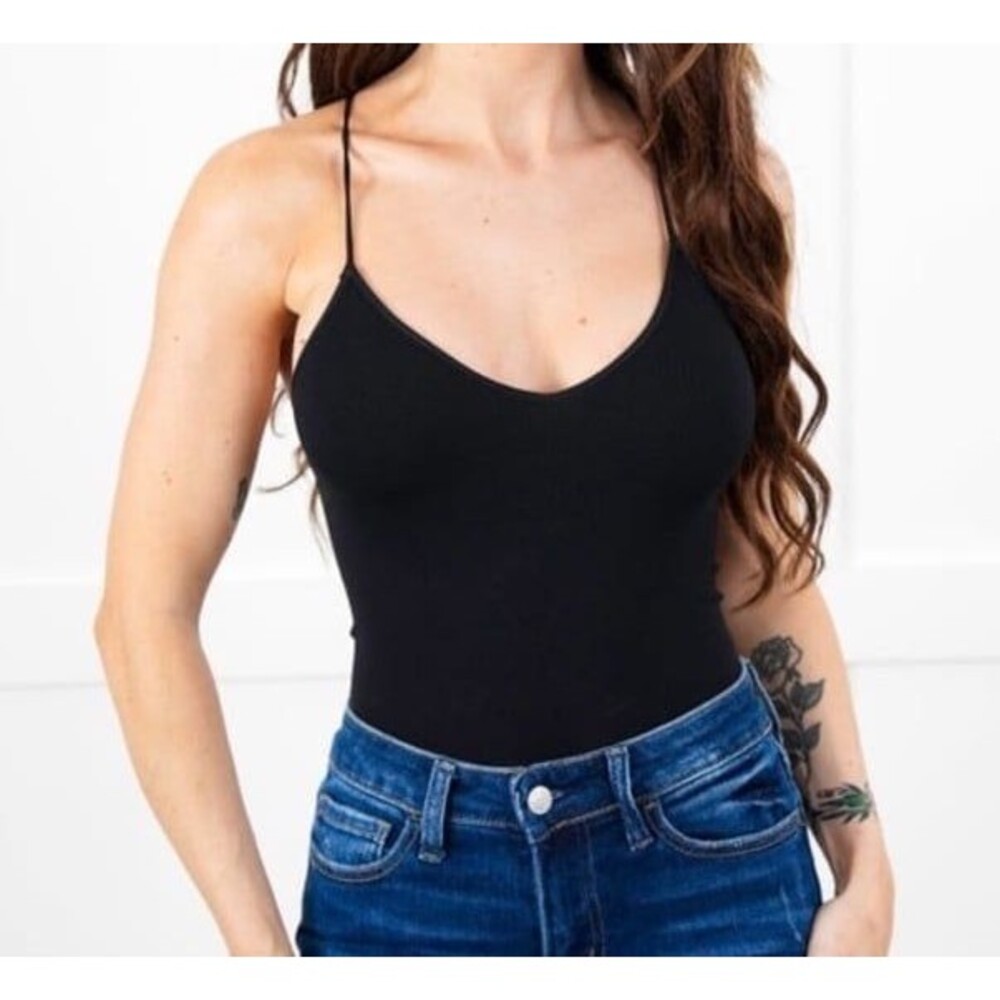 Black bodysuit criss cross bodysuit sexy cami style spaghetti strap back tie NEW